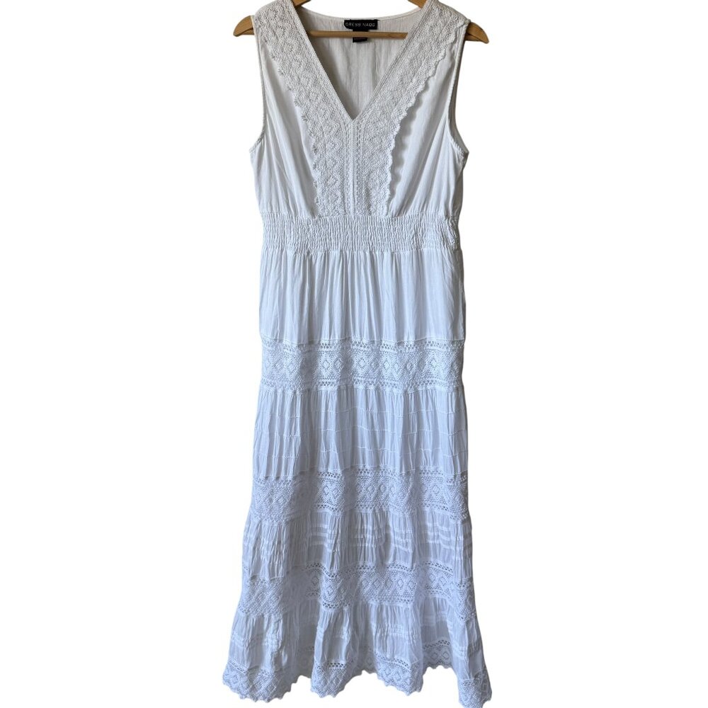 Vintage White Cotton Tiered Gauzy Maxi Dress XS - Sm Lightweight Lace Crochet